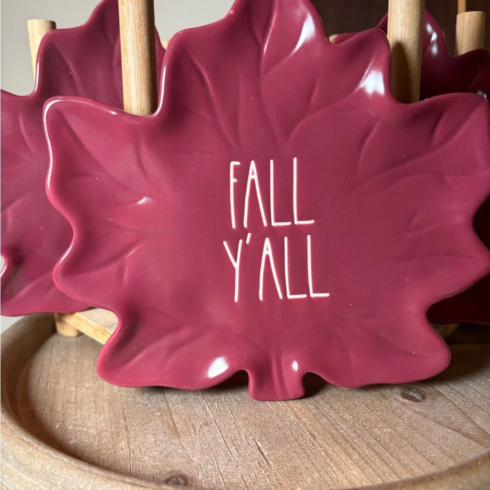 Rae Dunn Maroon “Fall Y'all” Maple Leaf-Shaped Plates